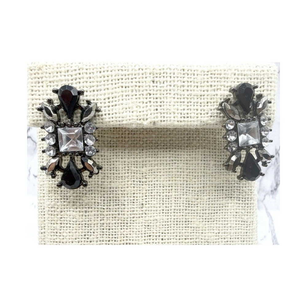 Black Colorless Rhinestone Stud Earrings Silver Tone Statement Pierced 1"